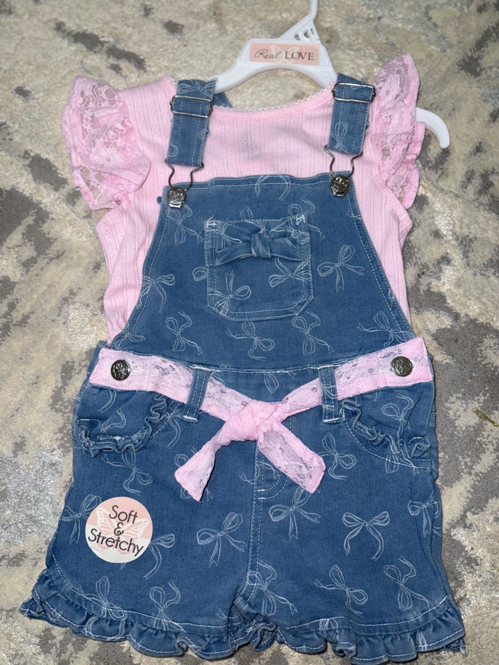 Girls Denim Bow-Print Shortalls with Pink Tee